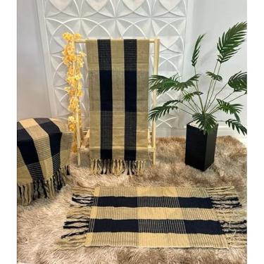 Imagem de Kit Passadeira de Cozinha 3 Peças Geométrica – Jogo de Tapetes em Tecido Grosso Algodão para Cozinha Sala e Quarto (Preto c/Areia)