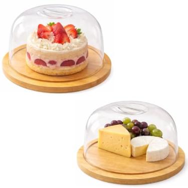 Imagem de Boleira Bambu Prato Para Bolo e Queijos com Tampa Acrílica Transparente Base de Bambu Redonda 19cm de Diâmetro