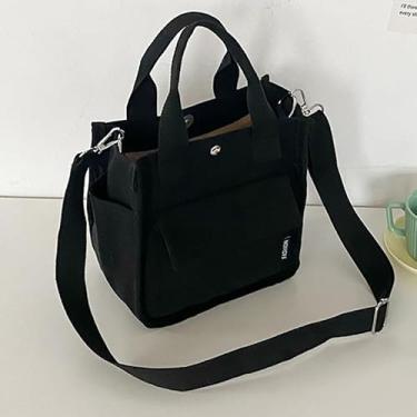 Imagem de Bolsa de lona feminina, bolsa de ombro transversal casual com vários bolsos e alça de ombro destacável, material durável, preta