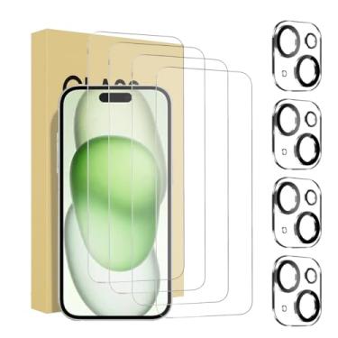 Imagem de Pacote com 4+4 para iPhone 15 Plus 6,7 polegadas, protetor de tela de vidro temperado com protetor de lente de câmera, kit de instalação premium mais fácil, sem bolhas, compatível com capas, dureza 9H