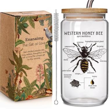 Imagem de Copo de vidro gelado Western Honey Bee 473 ml com tampa e canudo presentes para amantes de abelhas, amigas, melhores amigas, irmãs da alma, presentes de aniversário divertidos Apis Mellifera para