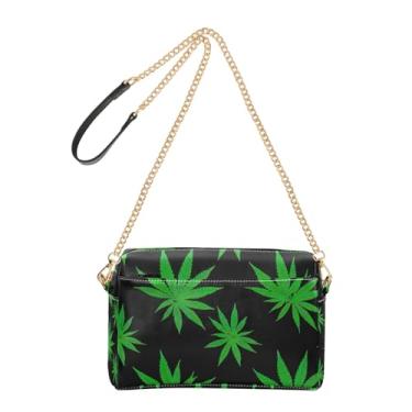 Imagem de Joitme Bolsa feminina transversal para celular com desenho de folhas verdes de couro PU preta alça de corrente