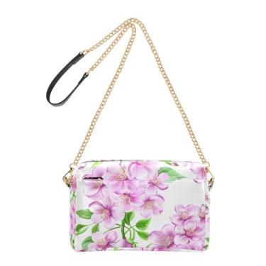 Imagem de Bolsa feminina cruzada com flores rosas folhas verdes bolsa branca para celular linda bolsa de ombro de couro PU com alça de corrente