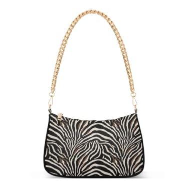 Imagem de Bolsa de ombro de corrente clássica preta listrada zebra, bolsa feminina Hobo, bolsa média moderna para uso diário e noite