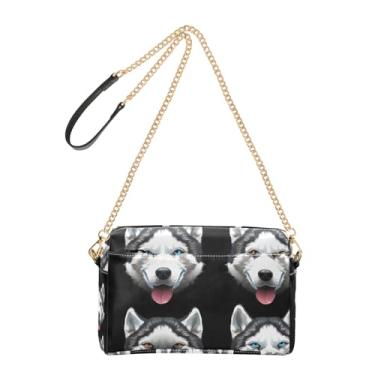 Imagem de Joitme Bolsa feminina para cães Husky siberiano preto animal bolsa transversal alça de corrente couro PU bolsa de ombro bolsa de telefone fofa