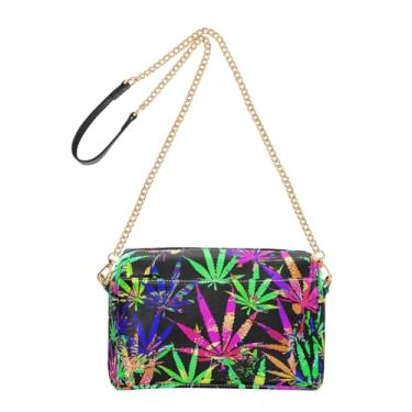 Imagem de Joitme Bolsa tiracolo feminina para celular com folhas coloridas neon alça de corrente preta bolsa de ombro de couro PU