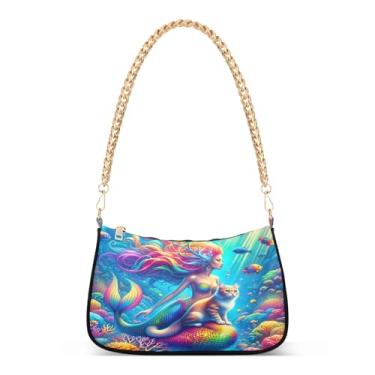 Imagem de Bolsa de ombro com corrente de anime de plantas coloridas de animais, bolsa feminina Hobo com estampa artística de gato sereia para uso diário e noturno