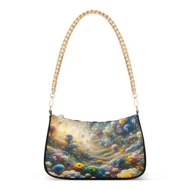 Imagem de Bolsa de ombro com corrente de ombro de flores abstratas coloridas de desenho animado, bolsa feminina Hobo com estampa artística, bolsa de mão média para uso diário e festa