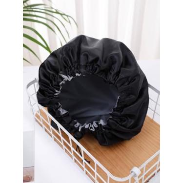 Imagem de Touca de banho ajustável com cordão impermeável de camada dupla, cor sólida, decoração de casa de banho decoração de outono volta às aulas (preto)