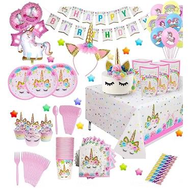 Imagem de Rovercci Unicorn Birthday Decorations for Girls-96 Pcs Unicorn Party Supplies Set & Tableware Kit Serves 16-Disposable Plates Cup, Napkins, Straws, Plastic Table Cloth, Balloons, Bracelet, Head band