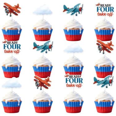 Imagem de 36Pcs Ready Four Take off Cupcake Toppers, Airplane 4th Birthday Party Decorations Red Blue Aviation Themed Plane Cake Decor for Boys Time Flies Theme 4th Birthday Party Supplies