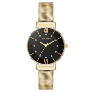 Imagem de Anne Klein Relógio feminino com pulseira de malha com detalhes brilhantes, Dourado
