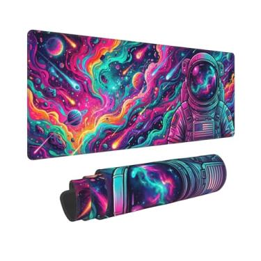 Imagem de DingRound Mouse pad estendido para jogos (70 x 30 cm) - Mouse pad grande antiderrapante para esportes e laptop - Base de borracha à prova d'água com bordas costuradas (homem espacial psicodélico)