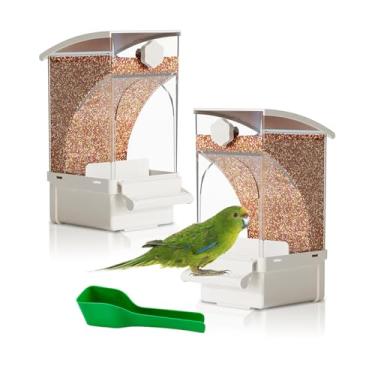 Imagem de Hamiledyi 2 peças alimentador automático de pássaros, sem bagunça, recipiente de alimento de semente de papagaio de acrílico transparente com poleiro, acessórios para gaiola de pássaro para periquito