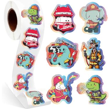 Imagem de Magictodoor Adesivos holográficos de bombeiro de desenho animado - Rolo a granel para lembrancinhas de festa de caminhão de bombeiros, prêmios de professores, emblemas de bombeiros júnior e presentes