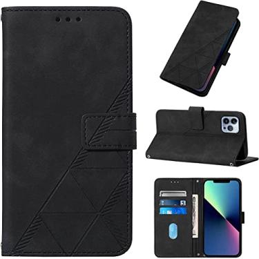 Imagem de KKFAUS Capa carteira para iPhone 13 Pro Max/13 Pro/13/13 Mini, capa flip de couro PU estilo notebook retrô com fecho magnético e alça de pulso (cor: preto, tamanho: 13 6,1 polegadas)