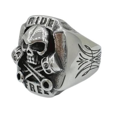 Imagem de Anel Estilo Motociclista Com Caveira Em Aço Inoxidável 316L Joias Ride