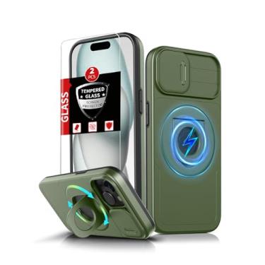Imagem de FRLMOOES Capa magnética para iPhone 15 compatível com carregamento MagSafe sem fio, com 2 protetores de tela, anel de suporte embutido, com capa de câmera absorvente de choque, à prova de choque