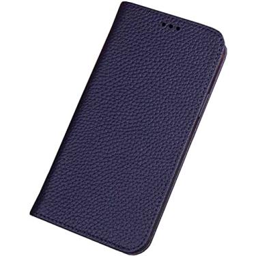 Imagem de CYSUE Capa de telefone flip de couro premium, para Apple iPhone 14 Plus 2022 à prova de choque padrão de lichia à prova de arranhões capa de coldre fólio (cor: azul)