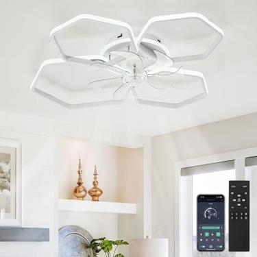 Imagem de Ventilador de teto com luz, controle remoto, função de memória e intensidade regulável, silencioso, reversível, 6 velocidades, para sala de estar, com timer e iluminação LED moderna.