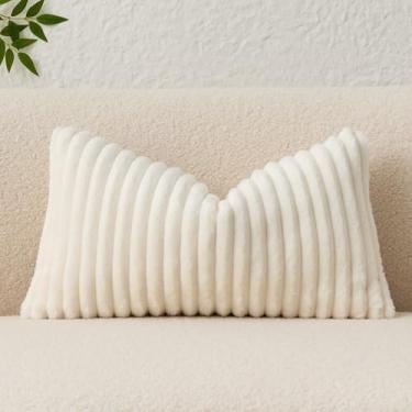 Imagem de Kevin Textile Capa de almofada lombar macia de pelúcia 35 x 61 cm, 1 pacote, capa de almofada retangular de flanela listrada de pele sintética luxuosa para sofá, poltrona, cama, decoração de casa