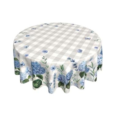 Imagem de Giwawa Toalha de mesa redonda primavera verão 152 cm aquarela azul hortênsia floral borboleta toalha de mesa xadrez cinza búfalo toalha de mesa lavável para jantar, cozinha, piquenique, decoração