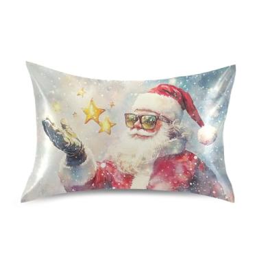 Imagem de Blueangle Fronha de cetim com estrelas de Papai Noel para cabelo e pele, fronha de seda, tamanho padrão (50,8 x 66 cm) - Capas de travesseiro de cetim refrescantes com fecho de envelope (866)