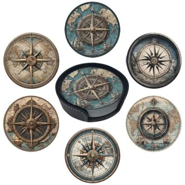 Imagem de sunwarshile Porta-copos para bebidas com suporte para porta-copos redondos de couro, conjunto de 6 xícaras, canecas, tapete para bar de cozinha em casa (Bússola Náutica)