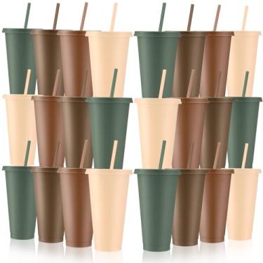 Imagem de Skylety 24 peças de copos de plástico da floresta com tampas e canudos 680 g copo reutilizável grande caneca de viagem café bebidas suprimentos de festa para Natal, casamento, noiva, chá de bebê