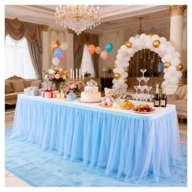 Imagem de THARAHT Saia de mesa de tule, toalha de mesa de 3,5 m e 420 cm de comprimento, para mesas retangulares ou redondas com babados, saia de mesa tutu para princesas, meninas, festa de aniversário, bolo