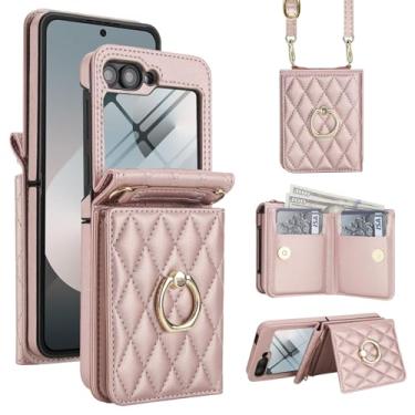 Imagem de Capa carteira para Samsung Galaxy Z Flip6, porta-cartões com suporte de anel de 360° e protetor de tela, capa protetora de couro PU TPU com fecho magnético para mulheres e homens (ouro rosa)