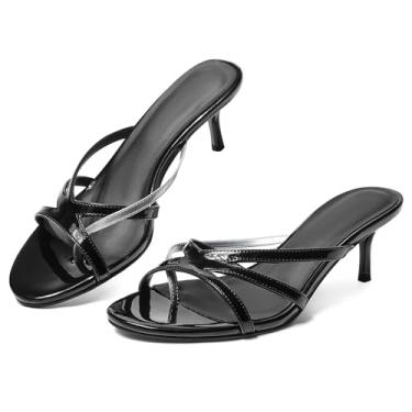 Imagem de CouieCuies Sandálias de salto alto femininas de salto gatinho, sandálias sedosas, abertas, bico aberto, chinelos, vestido de festa, verão, mules, Preto, prata, 38