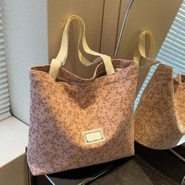 Imagem de Sacola de lona floral vintage ecológica de grande capacidade - estilo boêmio, bolsa de compras casual para uso diário/trabalho/escola, Rosa 1