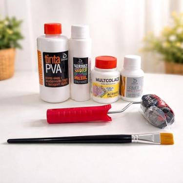 Imagem de KIT Decoupage Artesanato Profissional - Tinta PVA + Verniz Vitral + Primer + Cola + Pincel + Rolinho de Espuma
