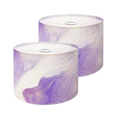 Imagem de Abajur grande abajur roxo lavanda líquida aquarela linhas douradas pastel violeta mármore sombra de linho para luz pendente abajur de mesa abajur de chão conjunto de 2 capas de substituição