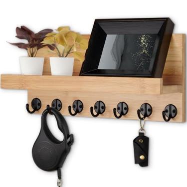 Imagem de Lwenki Suporte de parede, chave de entrada e porta-correio com 7 ganchos resistentes para óculos de sol, coleira de cachorro, prateleira decorativa de parede com ferragens de montagem, 38 cm L x 16 cm