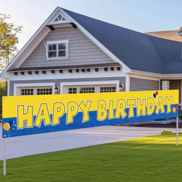 Imagem de Hillsuren Banner amarelo de desenho animado feliz aniversário 3 x 0,5 m jeans amarelo pano de fundo de aniversário para meninos meninas chá de bebê decorações de festa suprimentos fotografia fundo