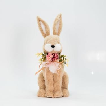 Imagem de Coelho De Páscoa Enfeite Decorativo Coelhinho Bege Com Flores 43cm