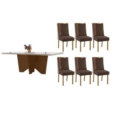 Imagem de Conjunto: Mesa de Cozinha Nevada Curvo 180cm + 6 Cadeiras Tilia Madeira Naturale/Off White - Capuccino/Suede Marrom - Rufato