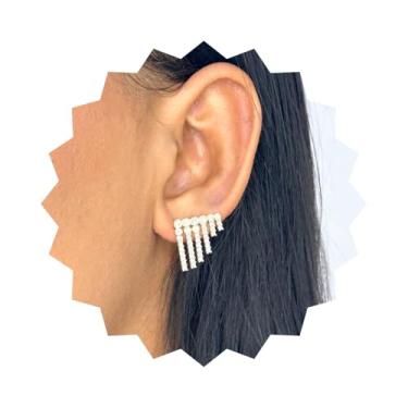 Imagem de ROHNES Brinco de Franja Rígida Cravejado Folheado a Ouro 18k, Dourado, Aço Inoxidável Banhado, Zircônias, Médio