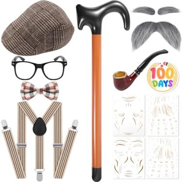 Imagem de Fabllewavi 9 peças fantasia de velho avô – suspensórios gravata borboleta chapéu sobrancelhas falsas bigodes óculos tatuagem crachá bengala para cosplay, Xadrez St, Standard