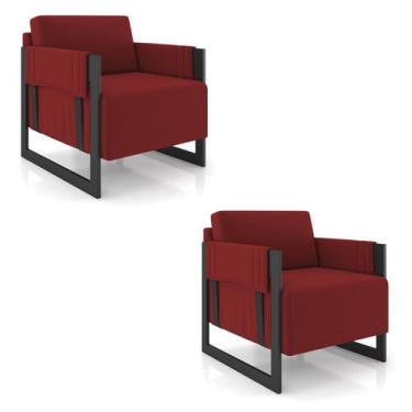 Imagem de Poltrona Decorativa Base Industrial kit 2 Rory Veludo Vermelho K01 - D