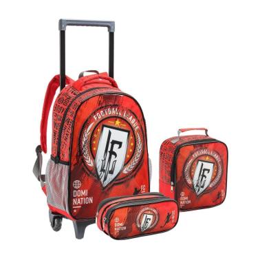Imagem de Kit Mochila Rodinhas Lancheira Estojo Futebol FL Domination Escolar Infantil Vermelho Seanite-Masculino