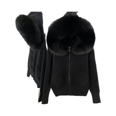 Imagem de Cardigã Feminino Com Capuz E Gola De Pele De Raposa Real, Jaqueta Tric