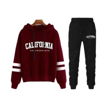 Imagem de Conjunto De Moletom Casual Feminino Com Listras, Calça E Blusa Com Cap