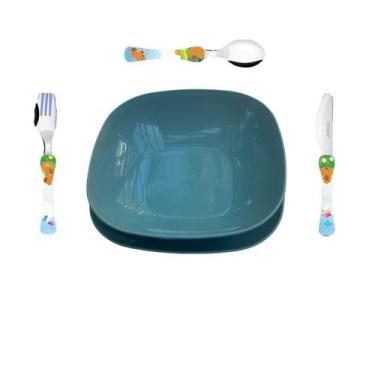 Imagem de Conjunto pratos raso e fundo com talheres CAPIVARA - Azul - Simonaggio
