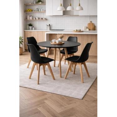 Imagem de Mesa de Jantar Cozinha Redonda 80cm 4 Cadeiras Estofadas Leda Preto - 