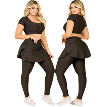 Imagem de Conjunto Fitness Calça Legging Saia Com Bolso E Top Cropped Academia Moda Evangélica Th...