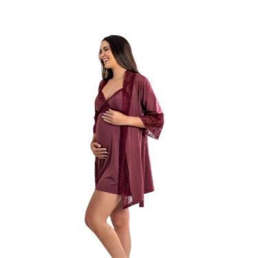 Imagem de Kit Camisola com Click Frontal Amamentação e Robe Luxo - Roupa De Dorm