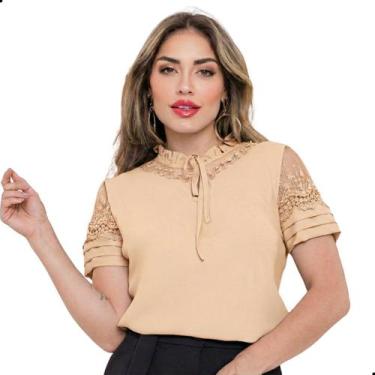 Imagem de Blusa Social Evangélica Feminina Guipir Renda Gola Pérolas Cor:BegeTam